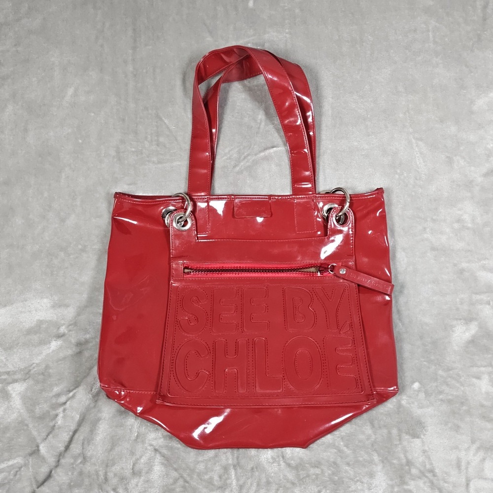 See By Chloe Handbag Womens Red Patent Large Logo Shoulder Tote Bag Purse